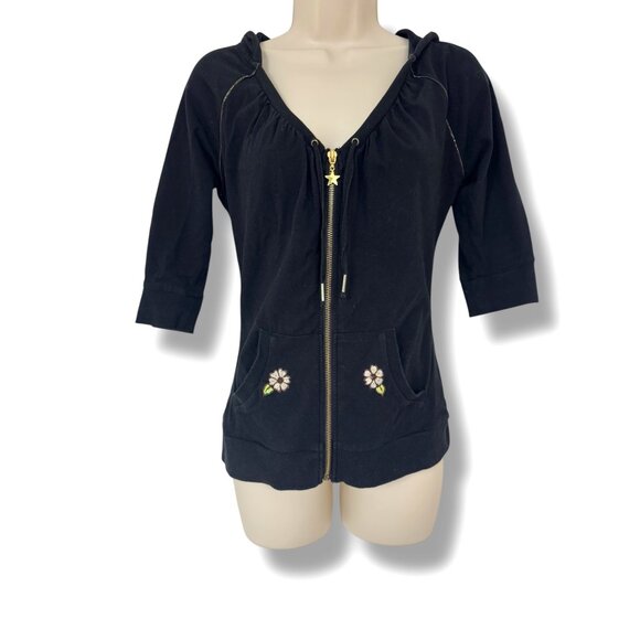 Size Small Black Embroidered Sequins V-Neck Zip Hoodie Sweatshirt Pockets - Picture 2 of 7